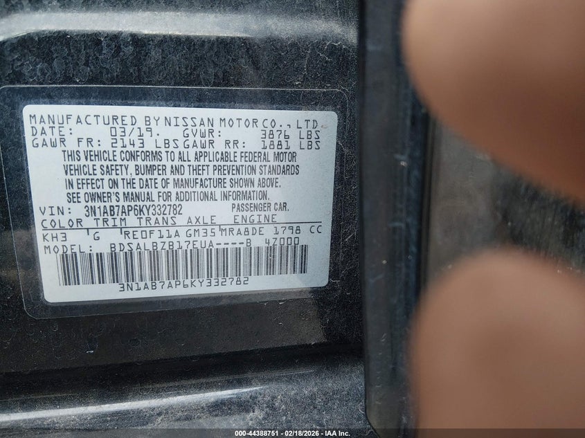 VIN 3N1AB7AP6KY332782 2019 NISSAN SENTRA S
