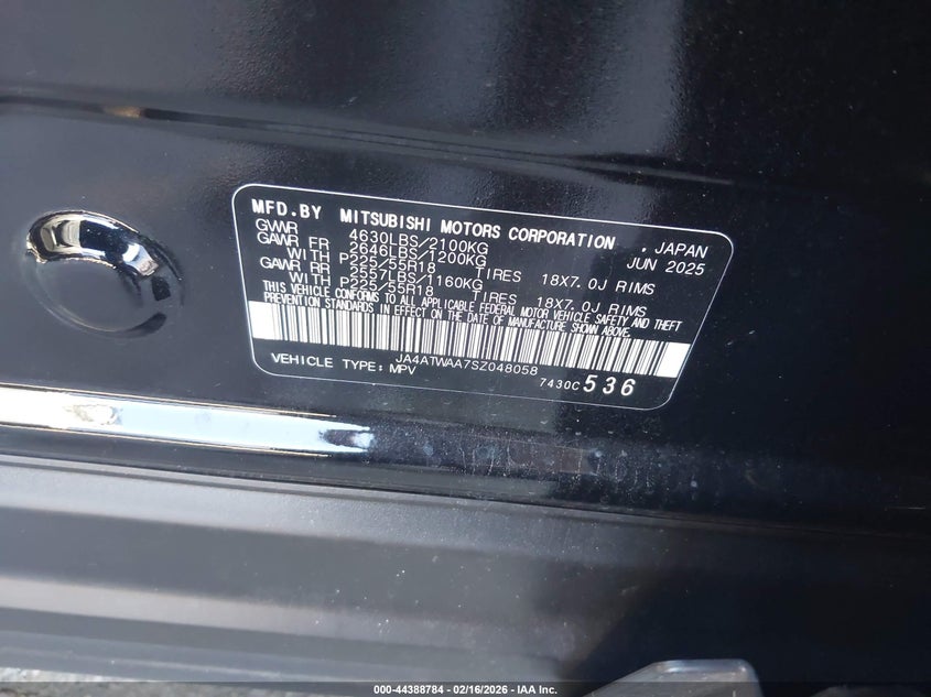 2025 Mitsubishi Eclipse Cross Se S-Awc VIN: JA4ATWAA7SZ048058 Lot: 44388784