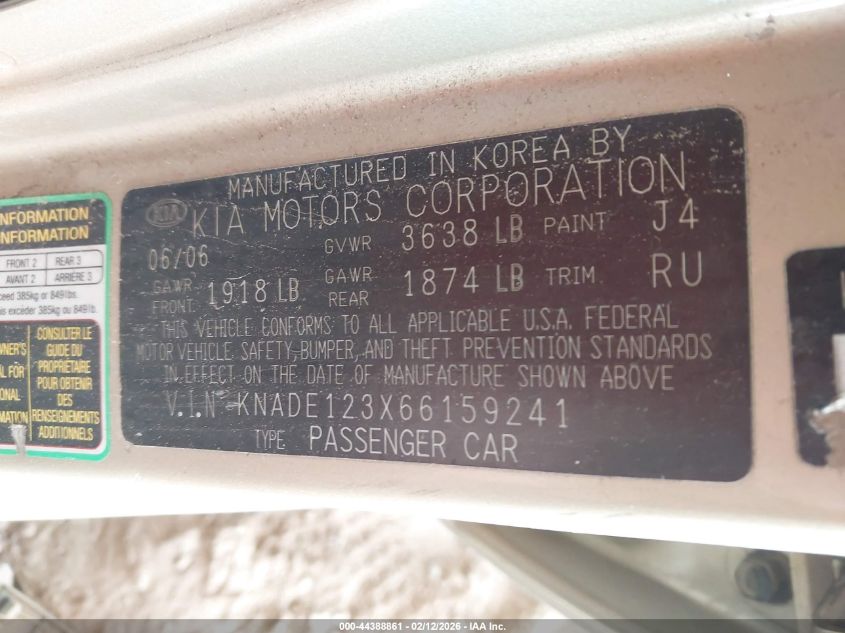 2006 Kia Rio Lx VIN: KNADE123X66159241 Lot: 44388861