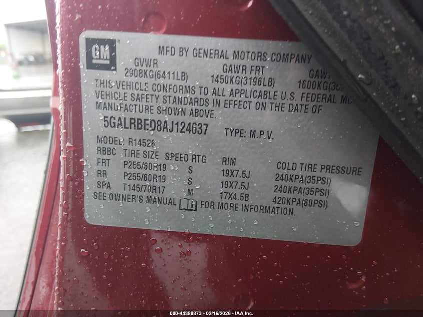 2010 Buick Enclave 1Xl VIN: 5GALRBED8AJ124637 Lot: 44388873