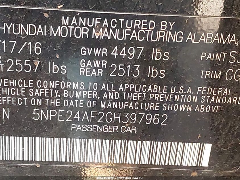 2016 Hyundai Sonata Se VIN: 5NPE24AF2GH397962 Lot: 44388998