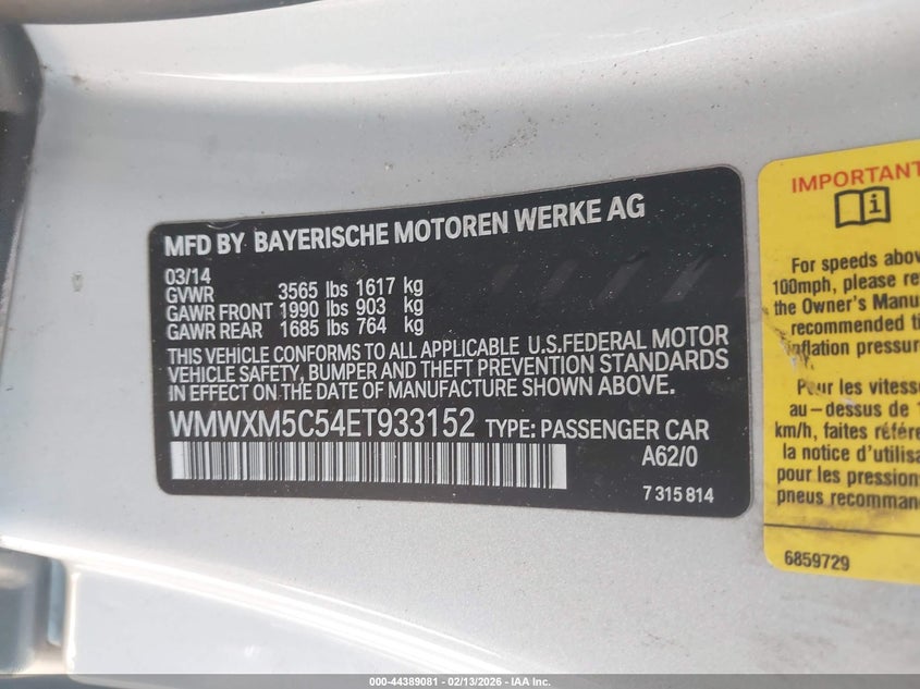 2014 Mini Hardtop Cooper VIN: WMWXM5C54ET933152 Lot: 44389081