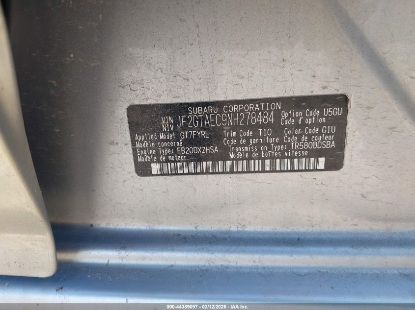 2022 Subaru Crosstrek Premium VIN: JF2GTAEC9NH278484 Lot: 44389097