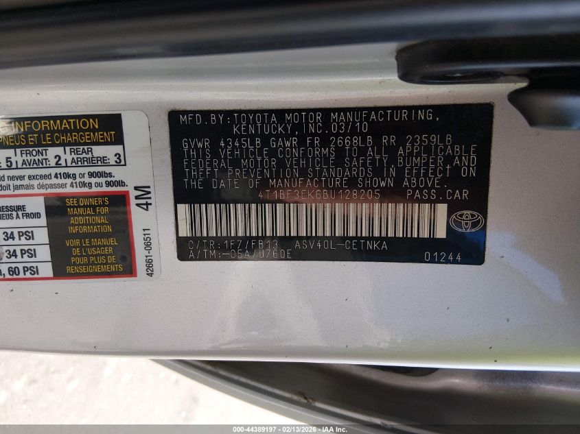 2011 Toyota Camry Le VIN: 4T1BF3EK6BU128205 Lot: 44389197