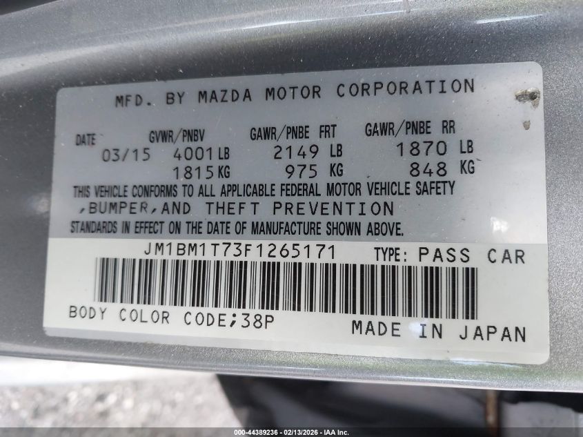 2015 Mazda Mazda3 I Sv VIN: JM1BM1T73F1265171 Lot: 44389236