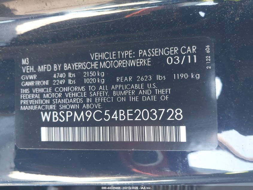 2011 BMW M3 VIN: WBSPM9C54BE203728 Lot: 44389466