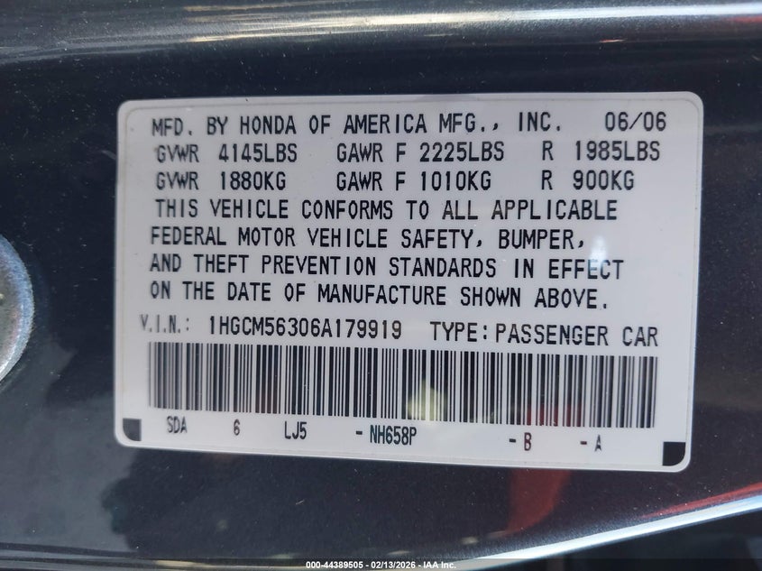 2006 Honda Accord 2.4 Se VIN: 1HGCM56306A179919 Lot: 44389505