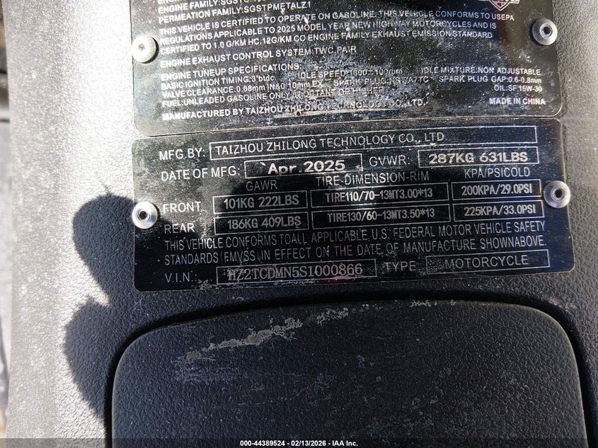 VIN: HZ2TCDMN5S1000866 2025 TZTC SCOOTER