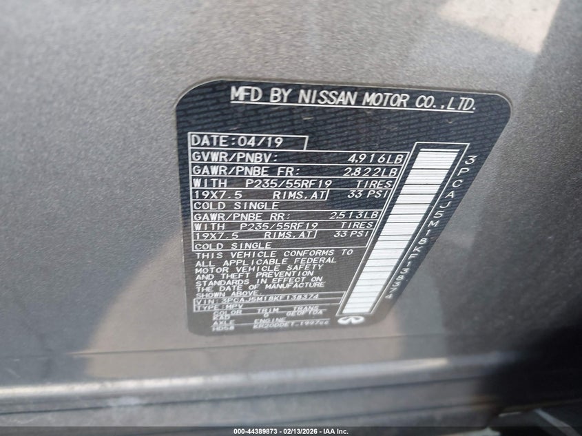 2019 Infiniti Qx50 Luxe VIN: 3PCAJ5M18KF138374 Lot: 44389873