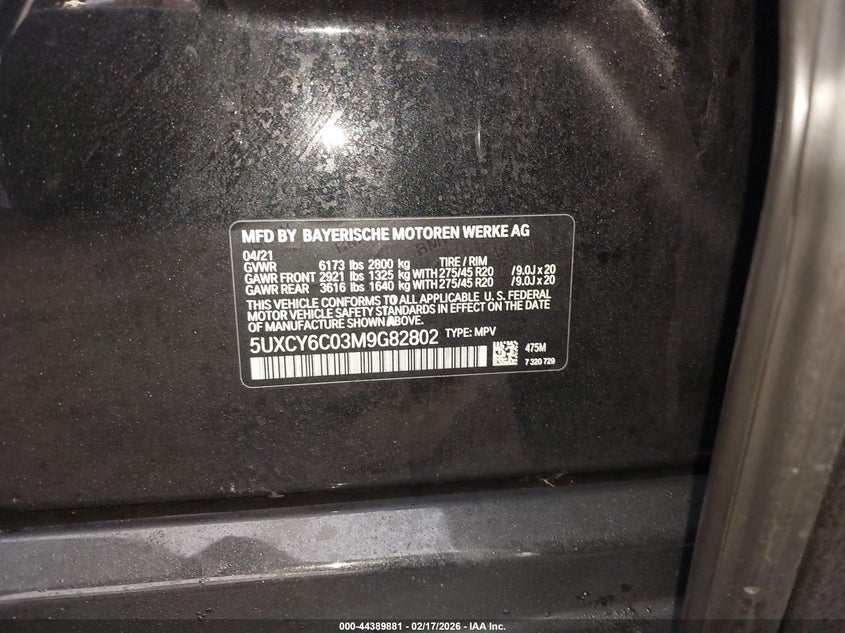 2021 BMW X6 xDrive40I VIN: 5UXCY6C03M9G82802 Lot: 44389881