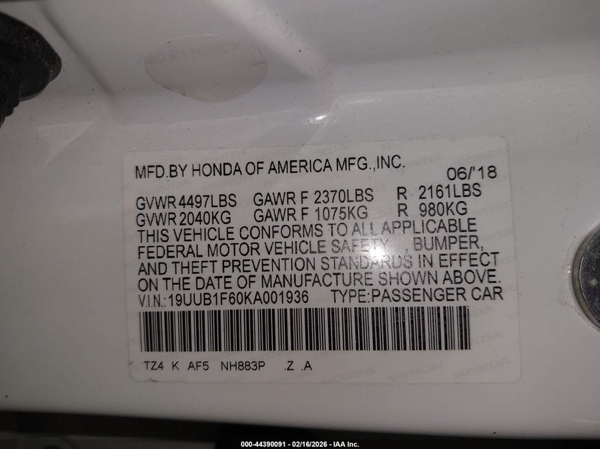 2019 Acura Tlx Tech A-Spec Pkgs VIN: 19UUB1F60KA001936 Lot: 44390091