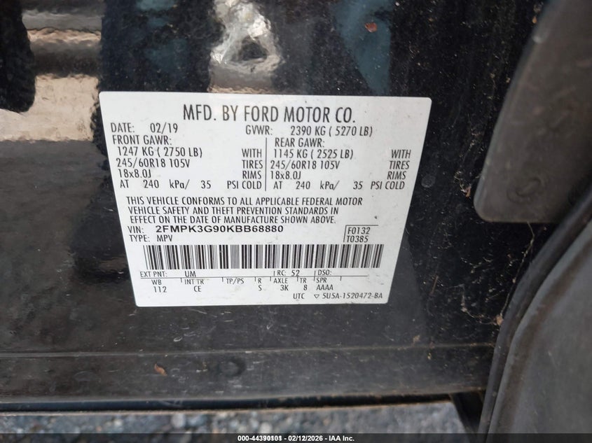 VIN 2FMPK3G90KBB68880 2019 FORD EDGE SE