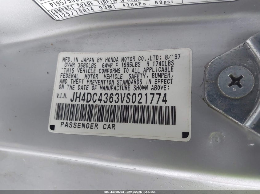 1997 Acura Integra Gs VIN: JH4DC4363VS021774 Lot: 44390293