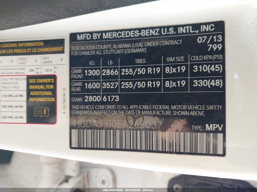 2014 Mercedes-Benz Ml 350 VIN: 4JGDA5JB0EA268037 Lot: 44390530