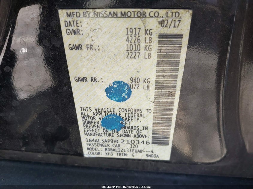VIN 1N4AL3AP9HC210346 2017 NISSAN ALTIMA 2.5 SV