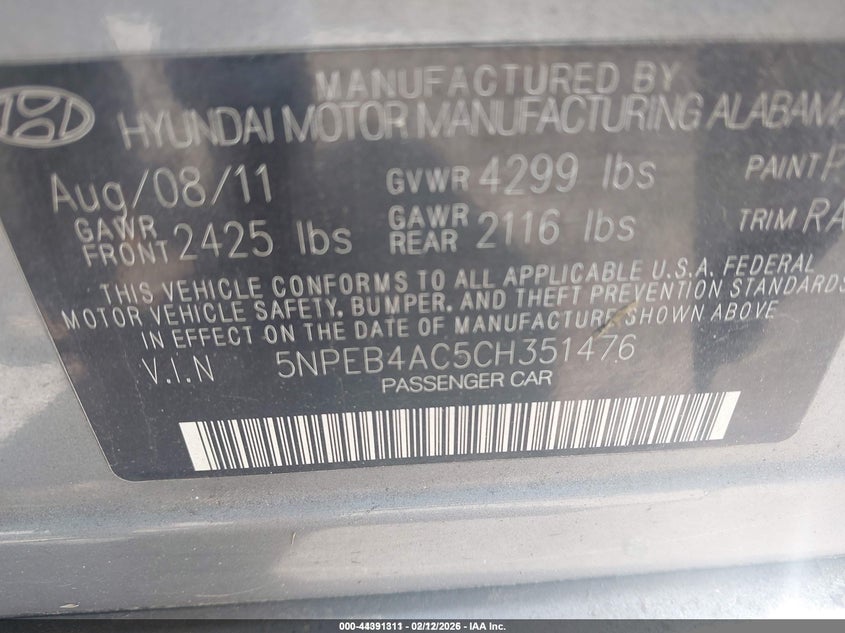 2012 Hyundai Sonata 2.4 Gls grey Lot 111044391311 Vin 5NPEB4AC5CH351476