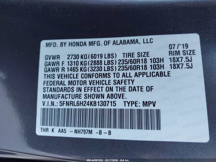 VIN 5FNRL6H24KB130715 2019 HONDA ODYSSEY LX