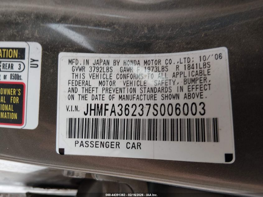 2007 Honda Civic Hybrid VIN: JHMFA36237S006003 Lot: 44391363
