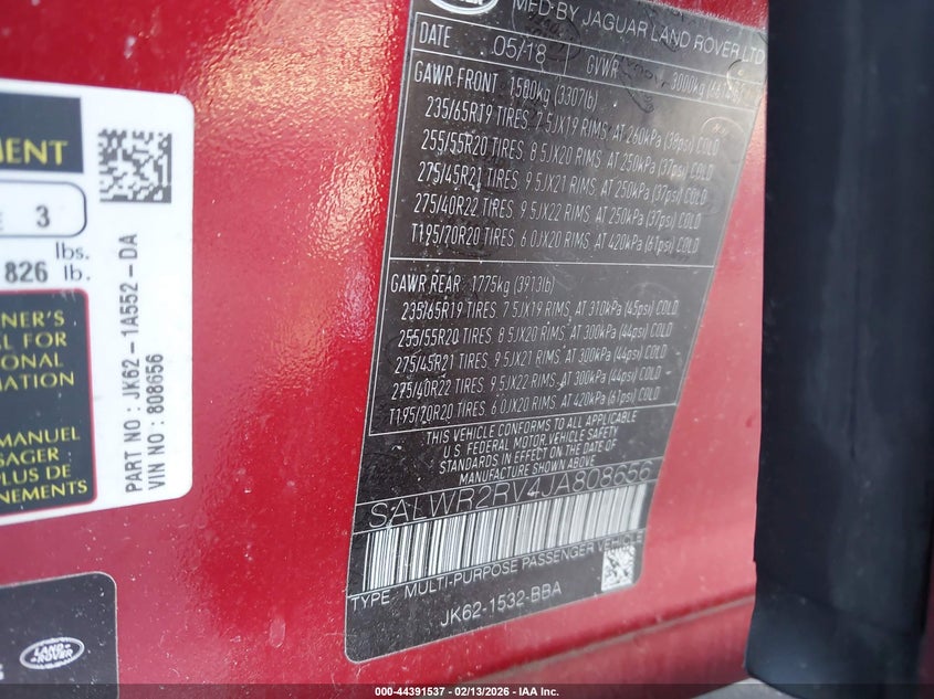 2018 Land Rover Range Rover Sport Hse VIN: SALWR2RV4JA808656 Lot: 44391537