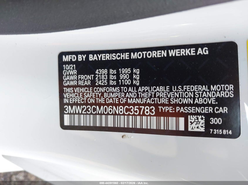 2022 BMW 230 I VIN: 3MW23CM06N8C35783 Lot: 44391560