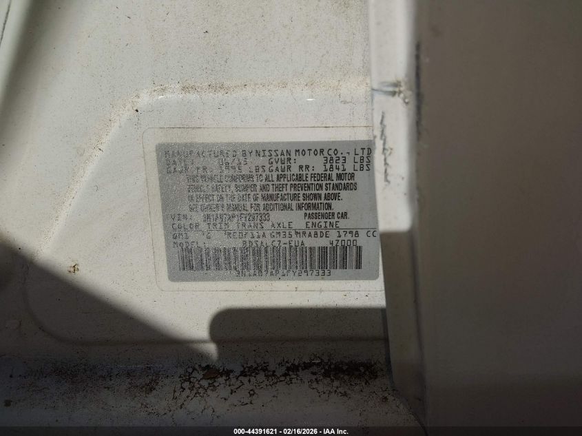 2015 Nissan Sentra S VIN: 3N1AB7AP1FY297333 Lot: 44391621