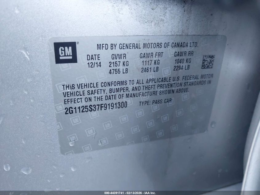 2015 Chevrolet Impala 2Lt VIN: 2G1125S37F9191300 Lot: 44391741