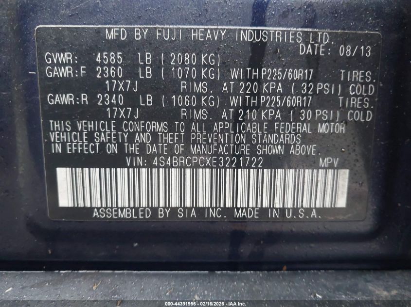 2014 Subaru Outback 2.5I Limited VIN: 4S4BRCPCXE3221722 Lot: 44391956