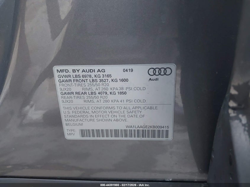 2019 Audi E-Tron Premium Plus VIN: WA1LAAGE2KB009415 Lot: 44391980