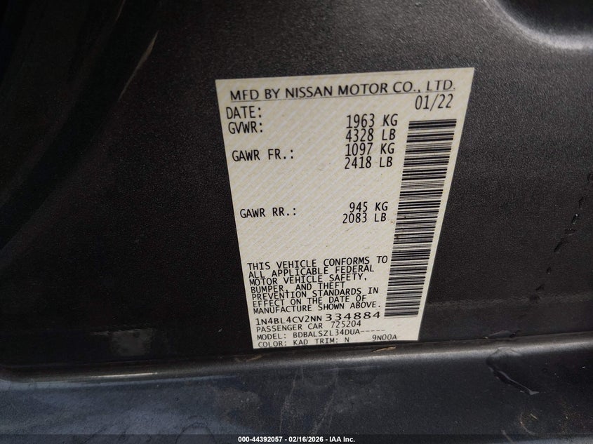 VIN 1N4BL4CV2NN334884 2022 NISSAN ALTIMA SR FWD