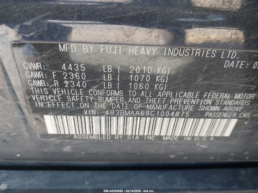 2012 Subaru Legacy 2.5I VIN: 4S3BMAA69C1004875 Lot: 44392069