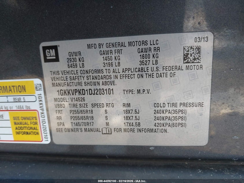 2013 GMC Acadia Sle-2 VIN: 1GKKVPKD1DJ203101 Lot: 44392180