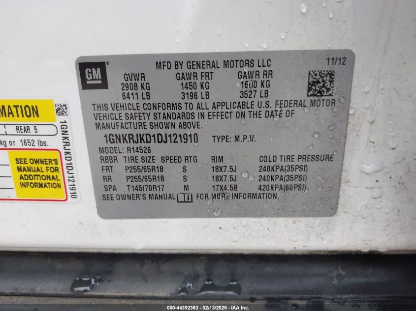 2013 Chevrolet Traverse 2Lt VIN: 1GNKRJKD1DJ121910 Lot: 44392363