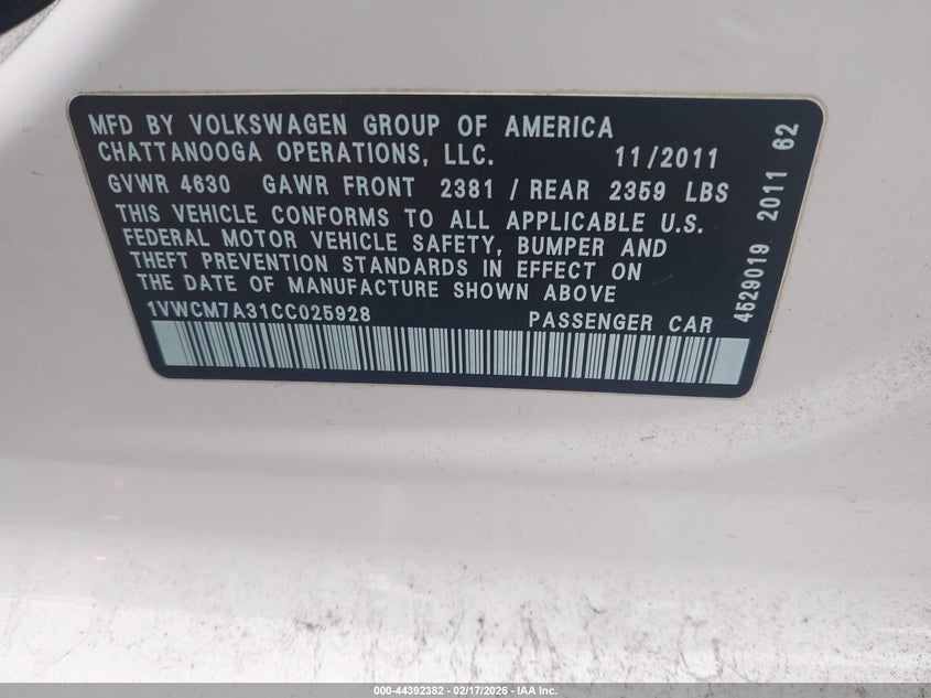 2012 Volkswagen Passat 3.6L V6 Sel Premium VIN: 1VWCM7A31CC025928 Lot: 44392382