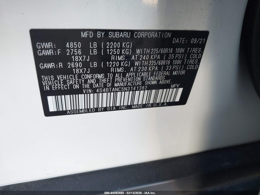 2022 Subaru Outback Limited VIN: 4S4BTANC5N3141382 Lot: 44392469