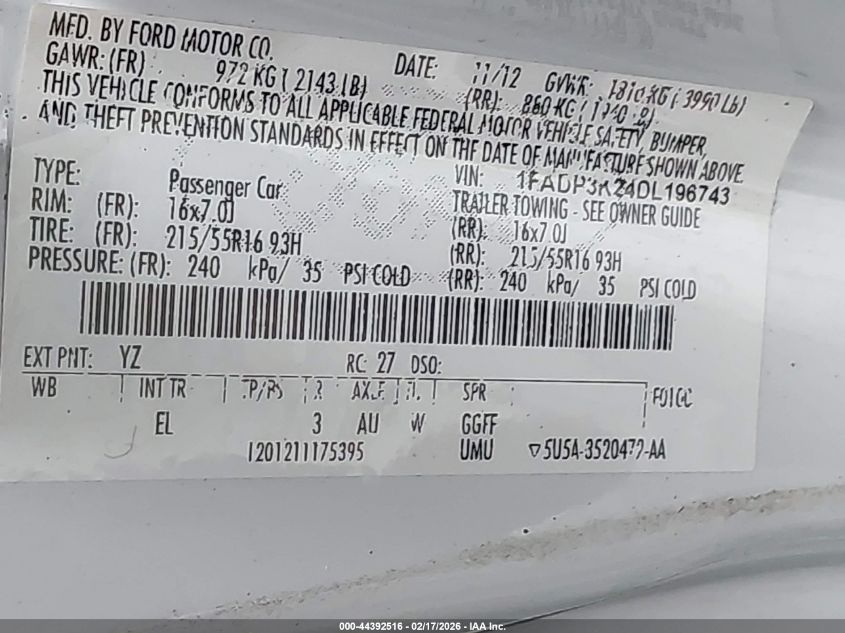 2013 Ford Focus Se VIN: 1FADP3K24DL196743 Lot: 44392516