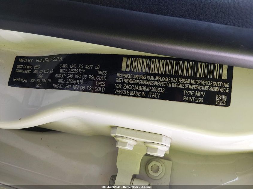 2018 Jeep Renegade Latitude Fwd VIN: ZACCJABB8JPJ09832 Lot: 44392649