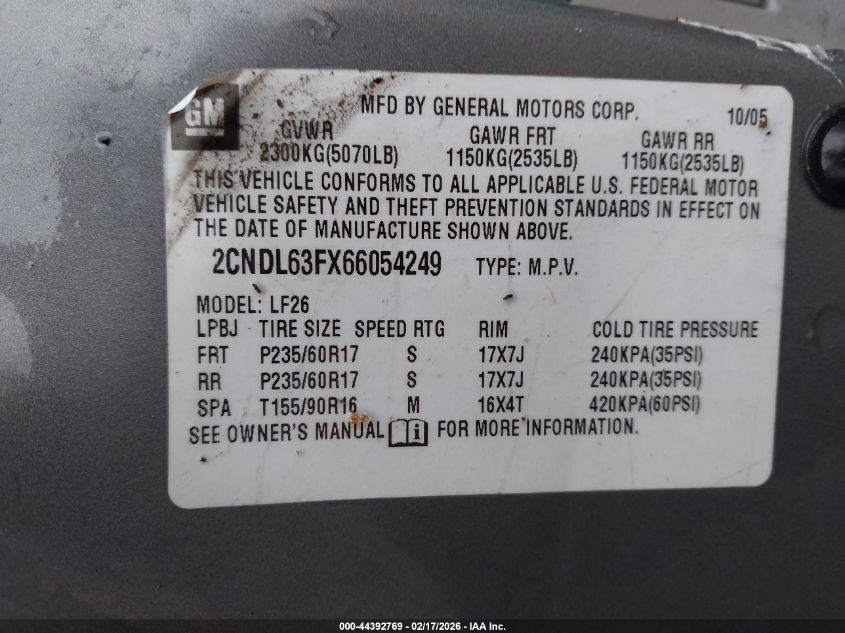 2006 Chevrolet Equinox Lt VIN: 2CNDL63FX66054249 Lot: 44392769