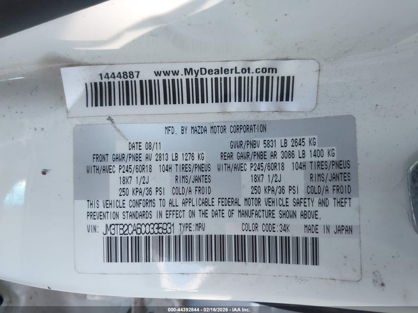 2012 Mazda Cx-9 Touring VIN: JM3TB2CA6C0335931 Lot: 44392844