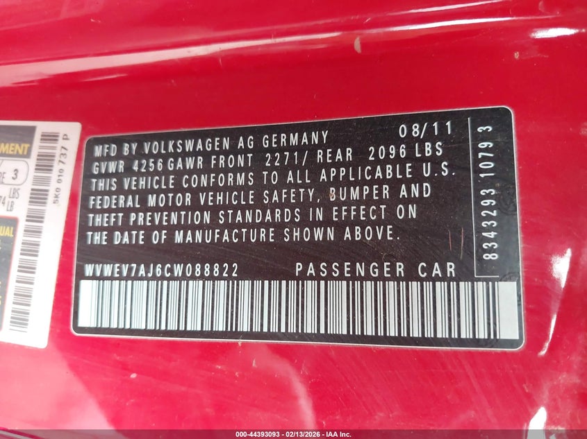 2012 Volkswagen Gti 2-Door VIN: WVWEV7AJ6CW088822 Lot: 44393093