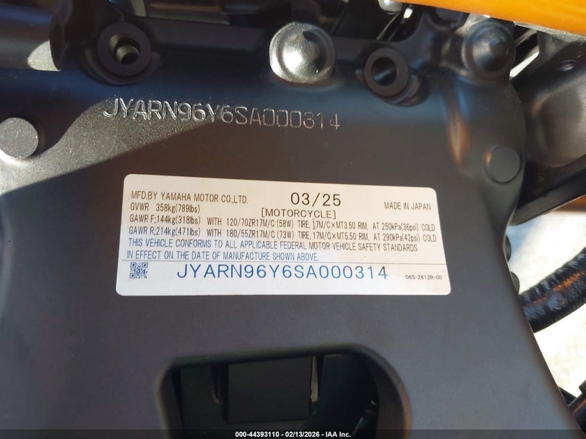 2025 Yamaha Mtm890 C VIN: JYARN96Y6SA000314 Lot: 44393110