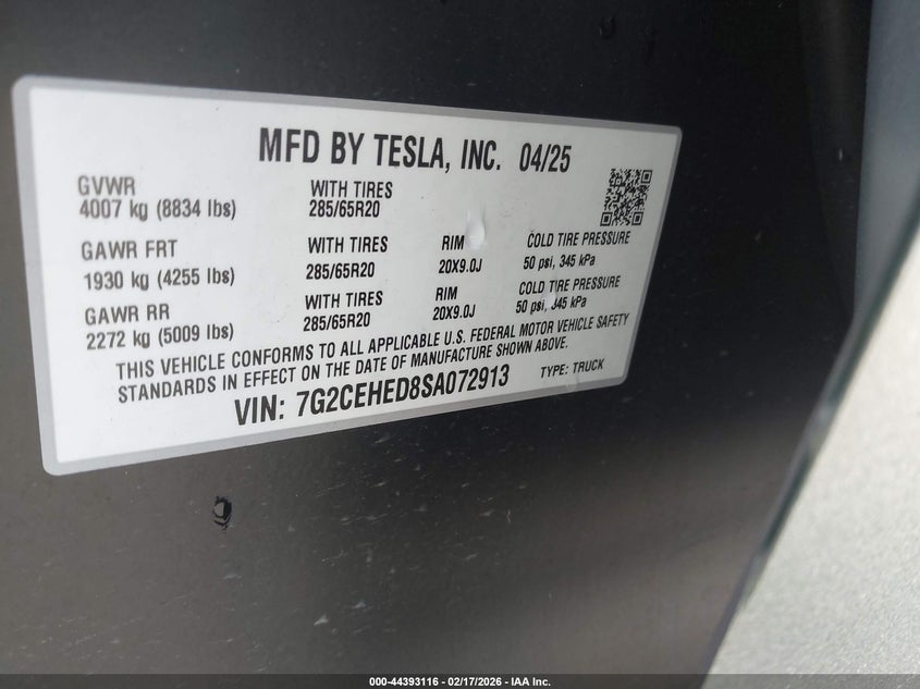 2025 Tesla Cybertruck All-Wheel Drive VIN: 7G2CEHED8SA072913 Lot: 44393116