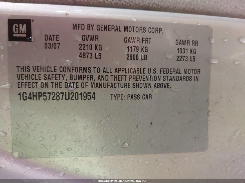 2007 Buick Lucerne Cx VIN: 1G4HP57287U201954 Lot: 44393129