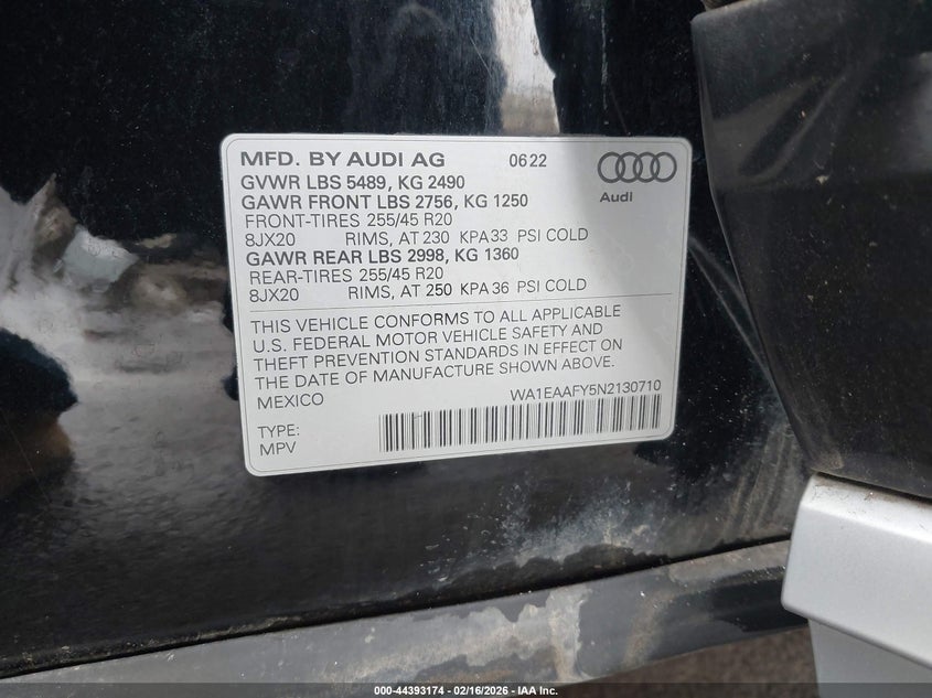2022 AUDI Q5 2.0L I-4 DI, DOHC, V(VIN: WA1EAAFY5N2130710
