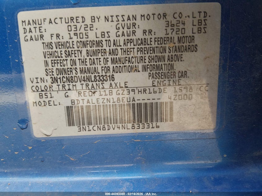 2022 Nissan Versa 1.6 S Xtronic Cvt VIN: 3N1CN8DV4NL833316 Lot: 44393388