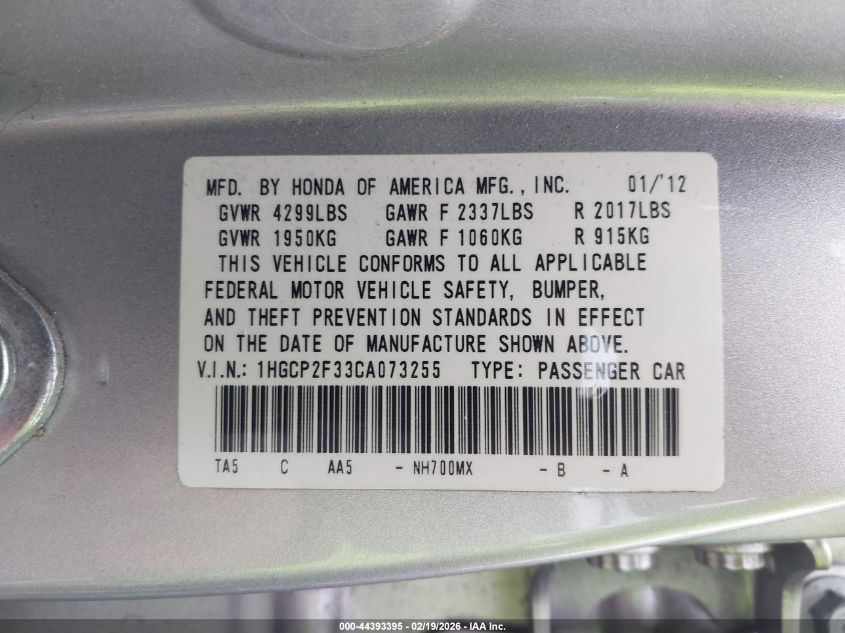 2012 Honda Accord 2.4 Lx VIN: 1HGCP2F33CA073255 Lot: 44393395