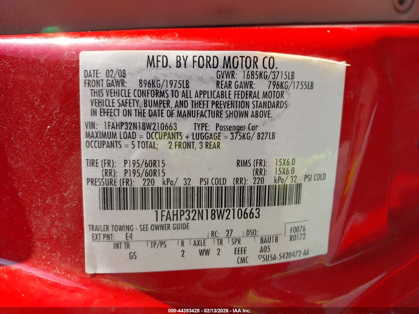 2008 Ford Focus S VIN: 1FAHP32N18W210663 Lot: 44393428