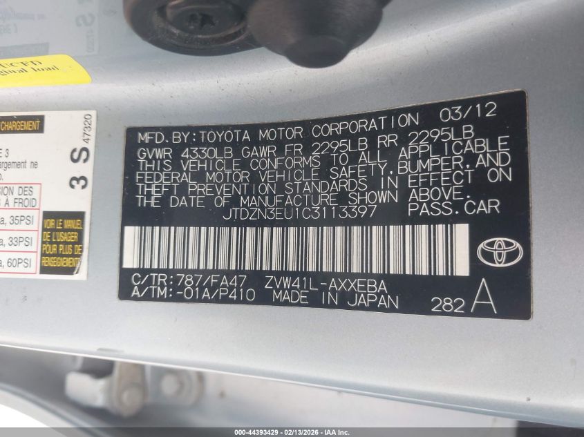 2012 Toyota Prius V Three VIN: JTDZN3EU1C3113397 Lot: 44393429