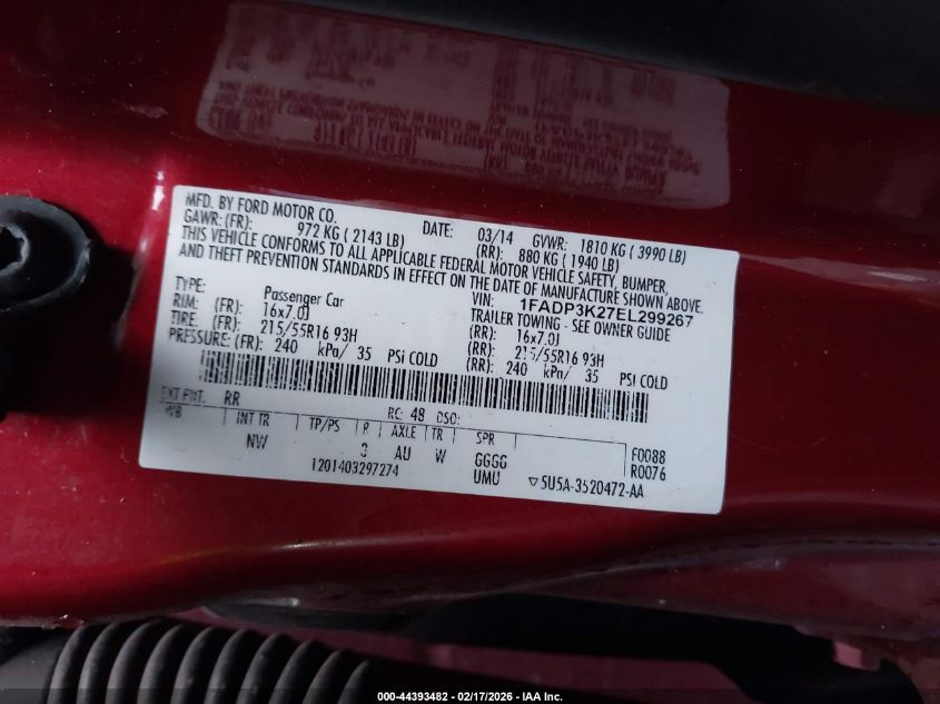 2014 Ford Focus Se VIN: 1FADP3K27EL299267 Lot: 44393482