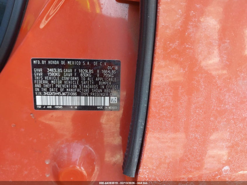 VIN 3HGGK5H45JM731066 2018 HONDA FIT LX