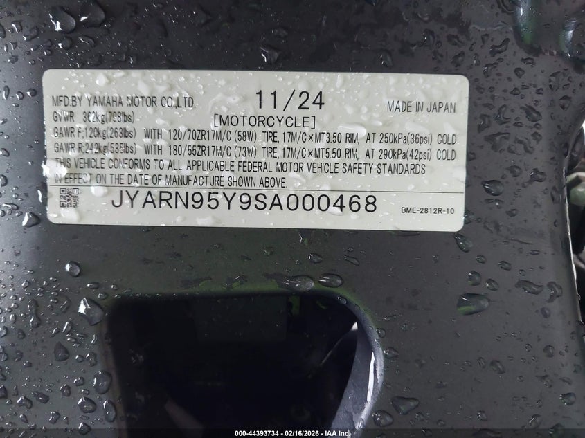 2025 Yamaha Mt09 Sp VIN: JYARN95Y9SA000468 Lot: 44393734